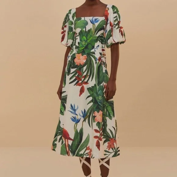 NWT AUTH FARM RIO Off White Midnight Macaw Fiesta Midi Dress SZ M - Picture 1 of 4